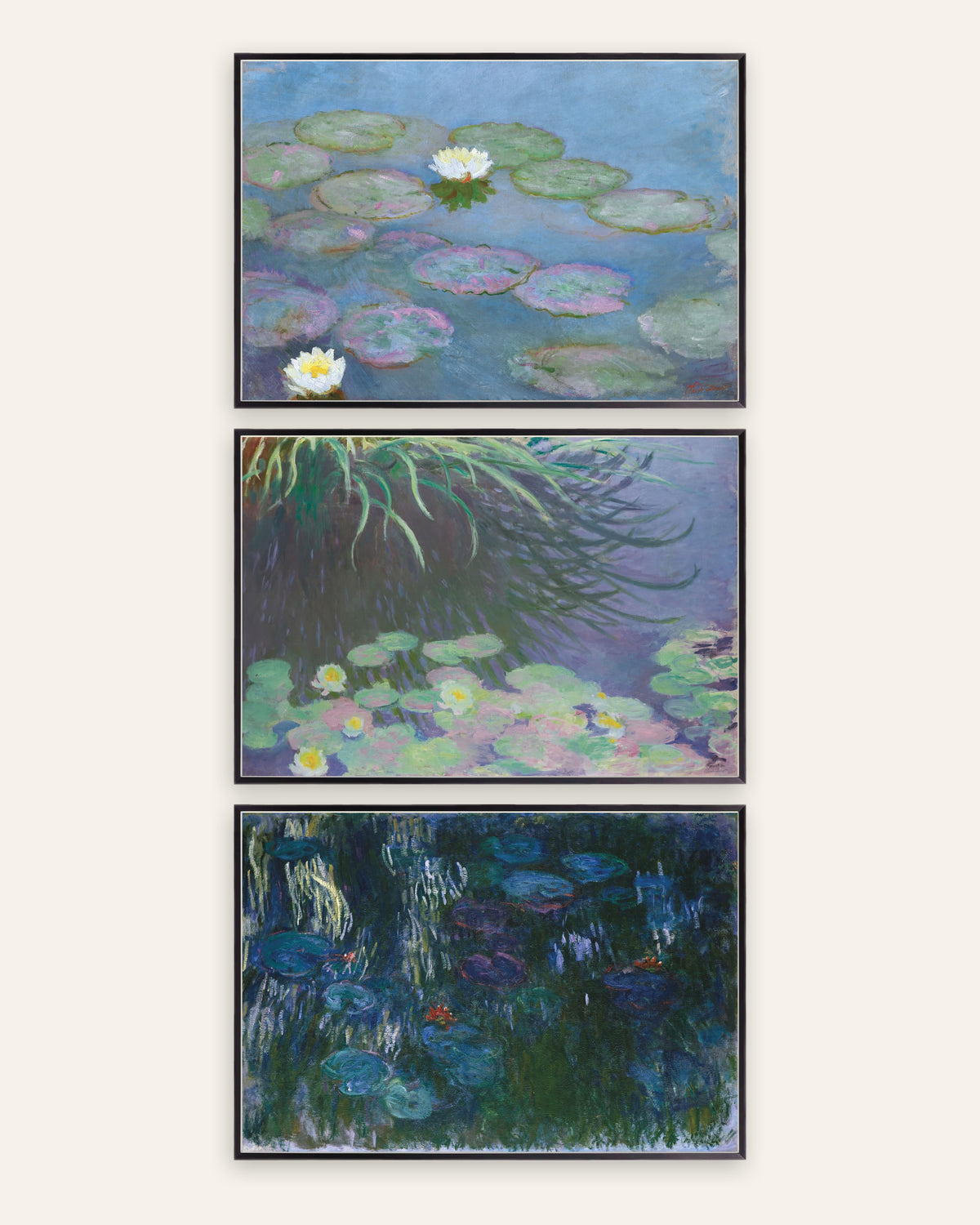 Monet Water Lilies Prints Set of 3 – Early & Late Panoramas, prints in black metal frames
