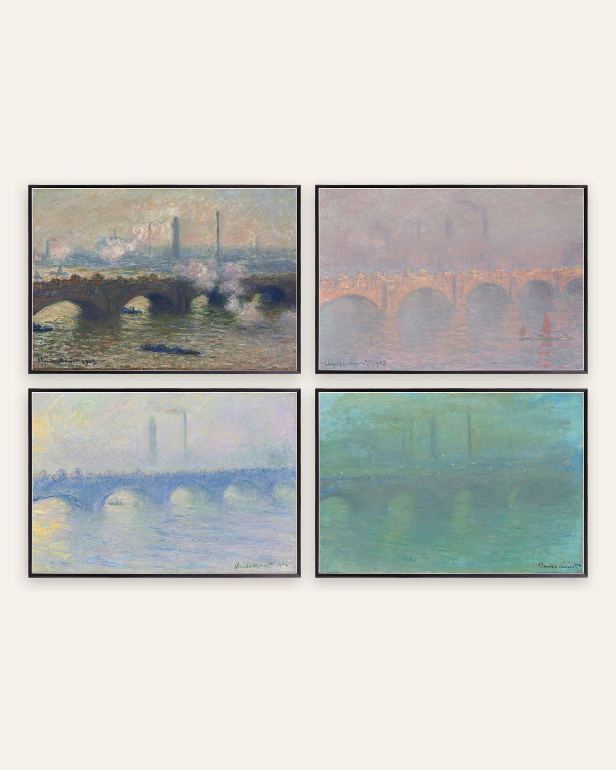Monet Waterloo Bridge Prints Set of 4 – Gray Day, Hazy Sun, Mist & Dusk, prints in black metal frames