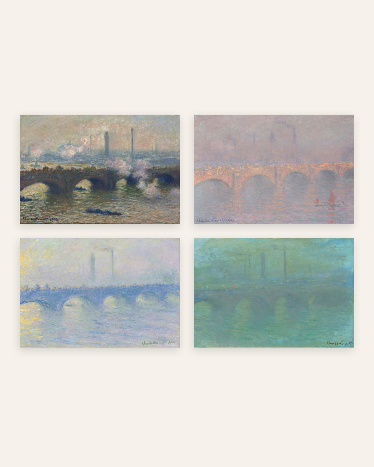 Monet Waterloo Bridge Prints Set of 4 – Gray Day, Hazy Sun, Mist & Dusk, prints without frame