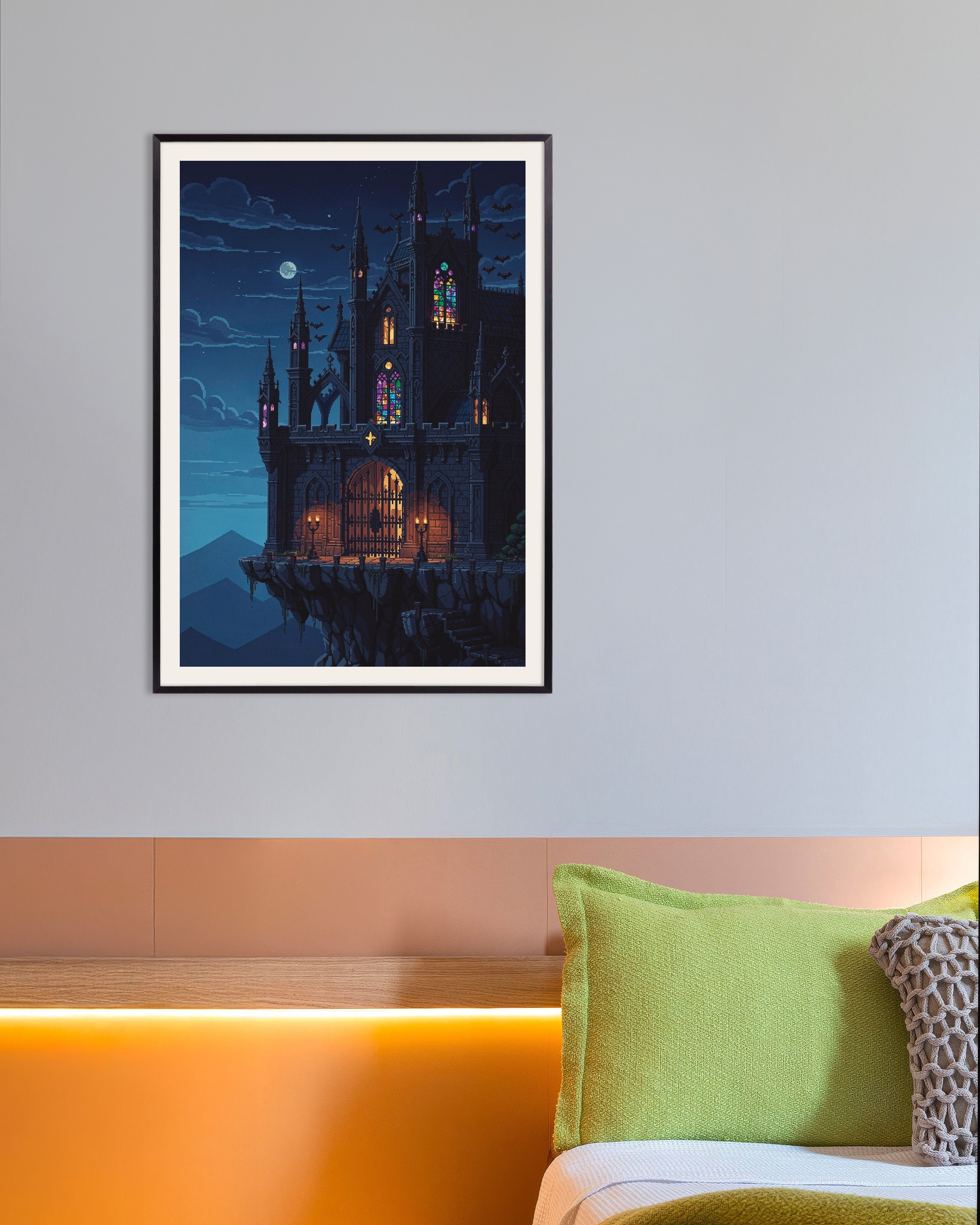 Poster of Moonlit Pixel Art Castle Poster, with metal frame