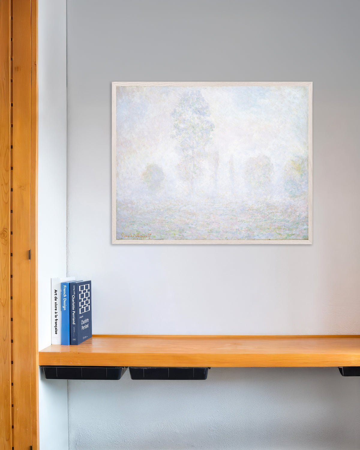 Poster of Morning Haze (1888) by Claude Monet, with white wooden frame