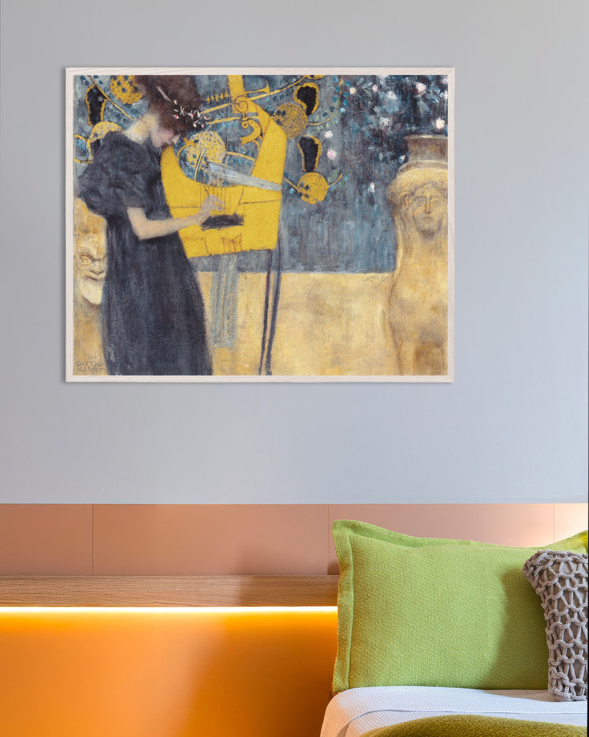 Poster of Music I (1895) by Gustav Klimt, with white wooden frame