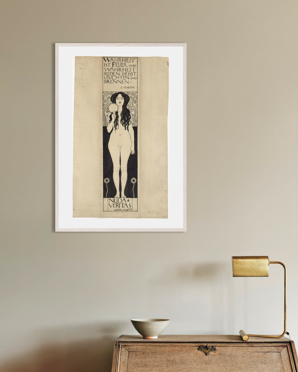 Poster of Nuda Veritas (1898) by Gustav Klimt, with white wooden frame