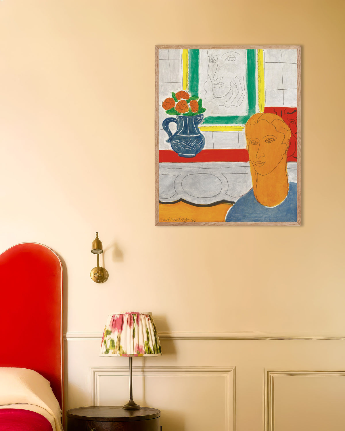 Poster of Ochre Head (Figure and Bouquet) (1937) by Henri Matisse, with natural wooden frame