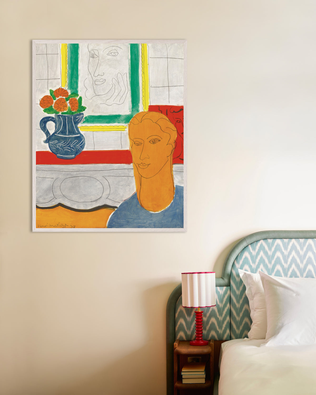 Poster of Ochre Head (Figure and Bouquet) (1937) by Henri Matisse, with white wooden frame
