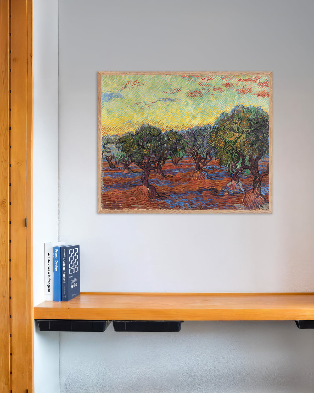 Poster of Olive Grove with Orange Sky (1889) by Vincent van Gogh, with natural wooden frame