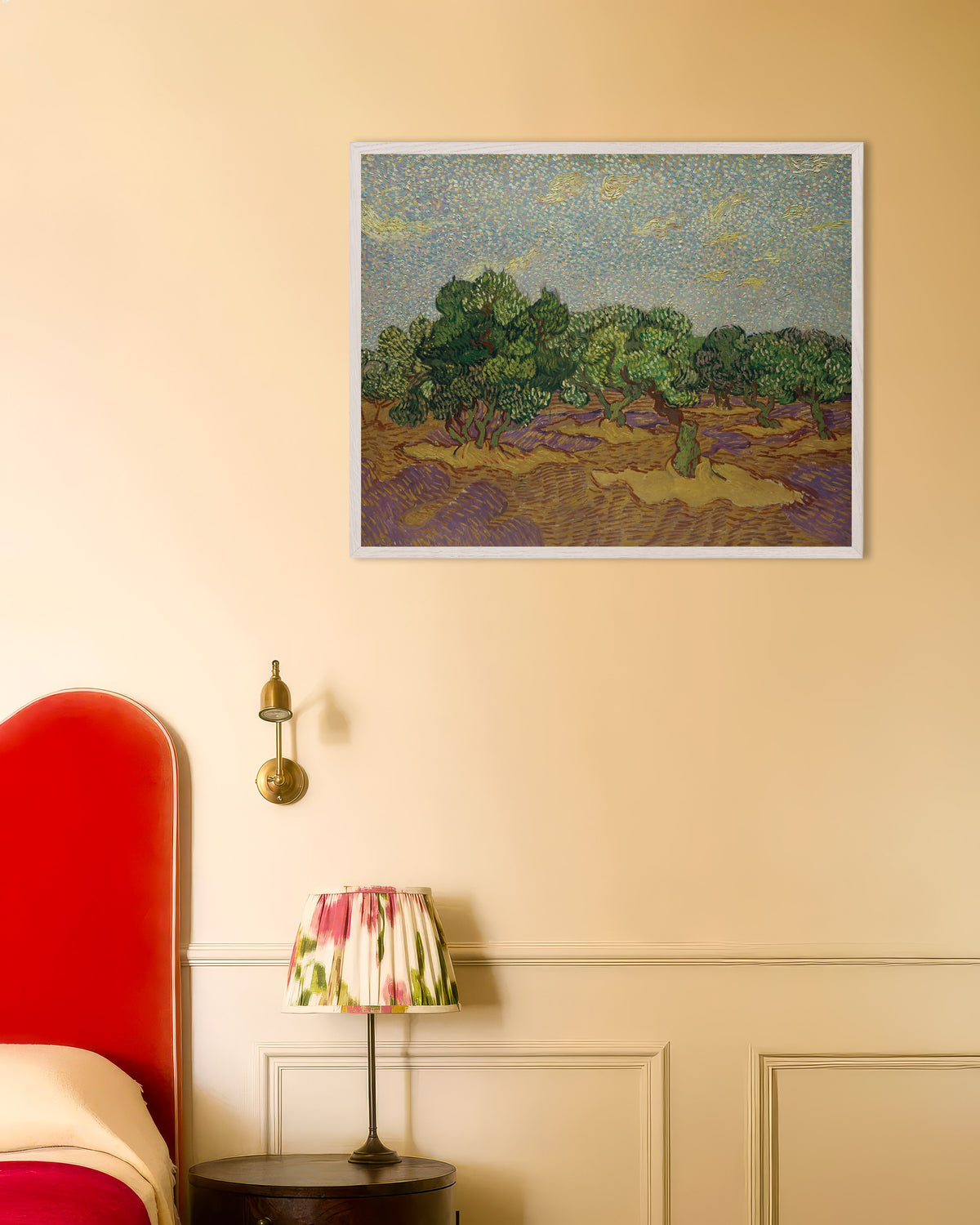 Poster of Olive Trees under a Pale Sky (1889) by Vincent van Gogh, with white wooden frame