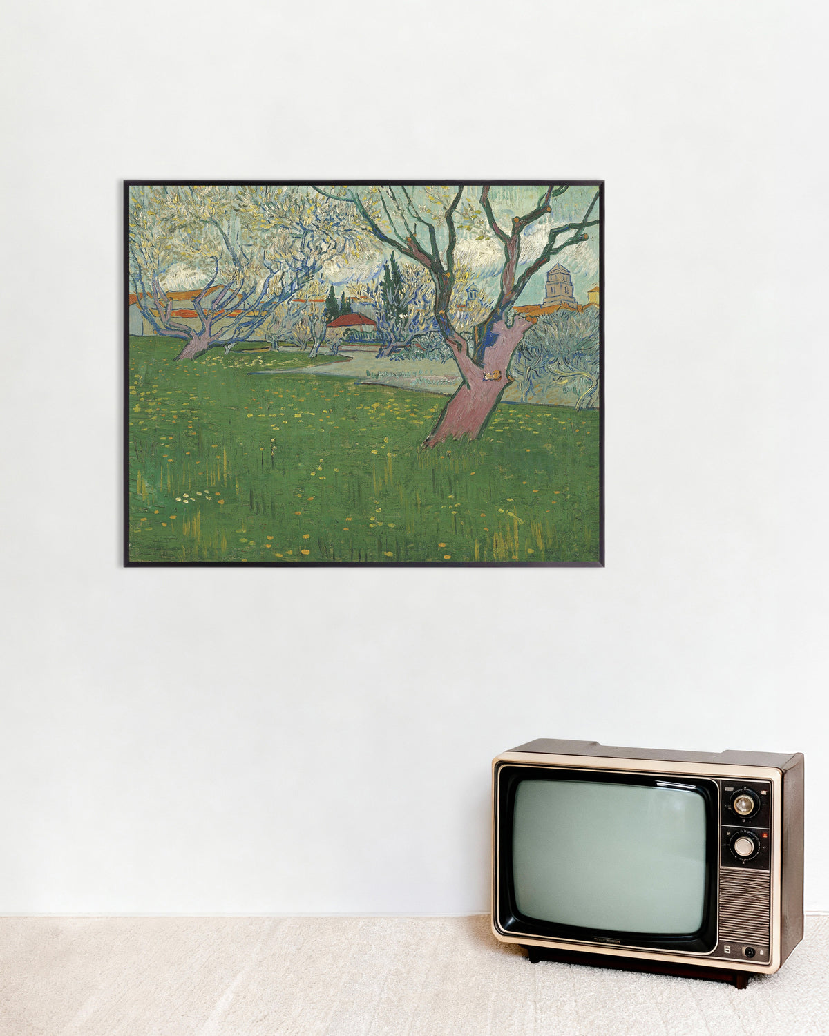 Poster of Orchard in Blossom with a View of Arles (1889) by Vincent van Gogh, with metal frame