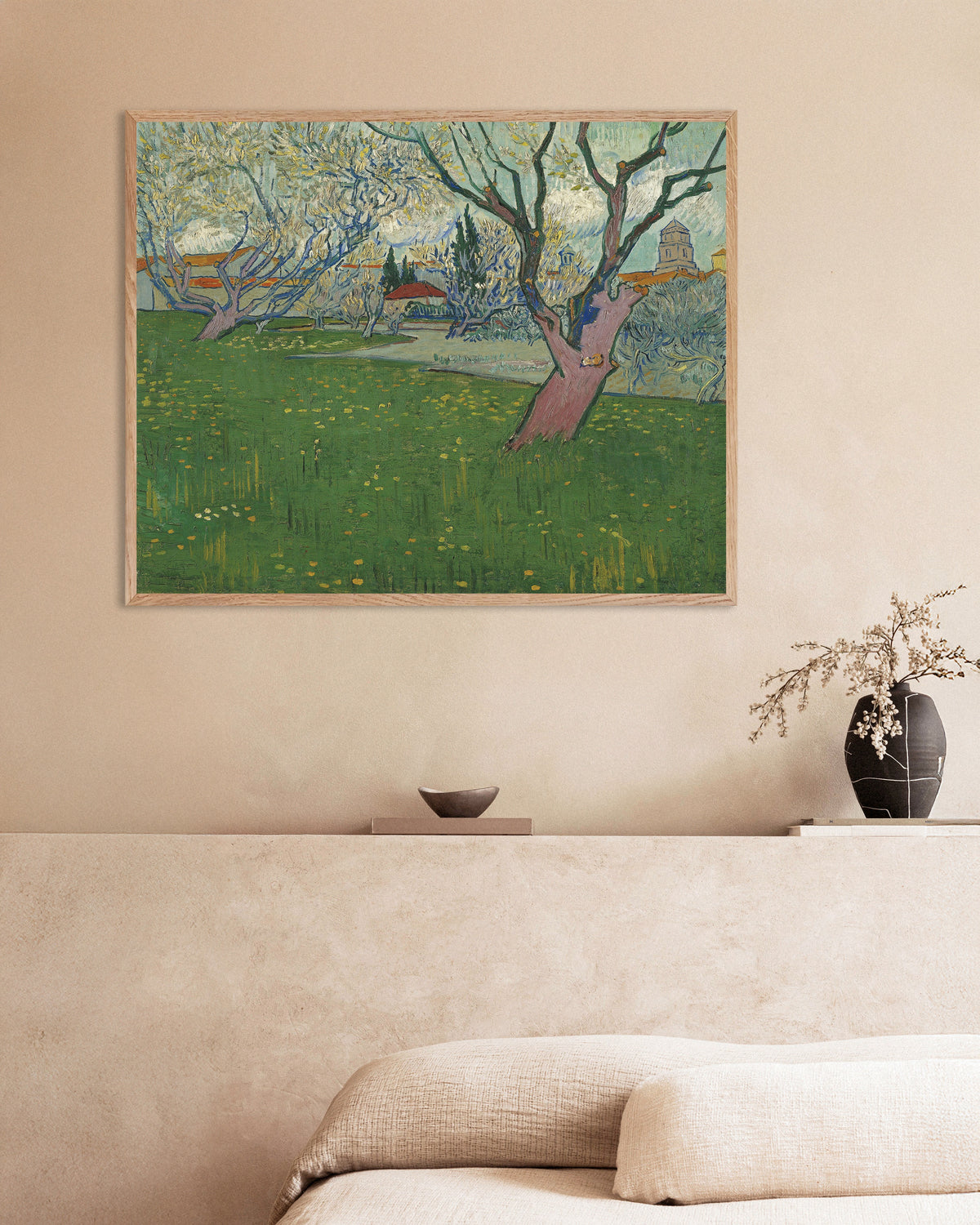 Poster of Orchard in Blossom with a View of Arles (1889) by Vincent van Gogh, with natural wooden frame