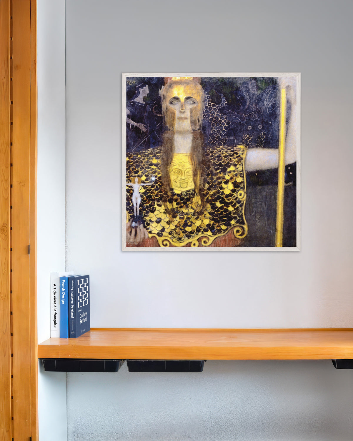 Poster of Pallas Athena (1898) by Gustav Klimt, with white wooden frame