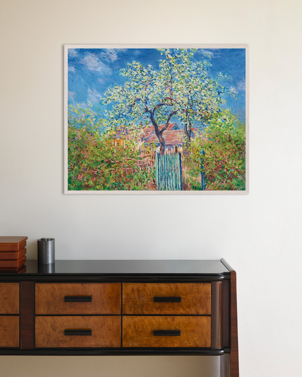Poster of Pear Tree in Blossom (1885) by Claude Monet, with white wooden frame
