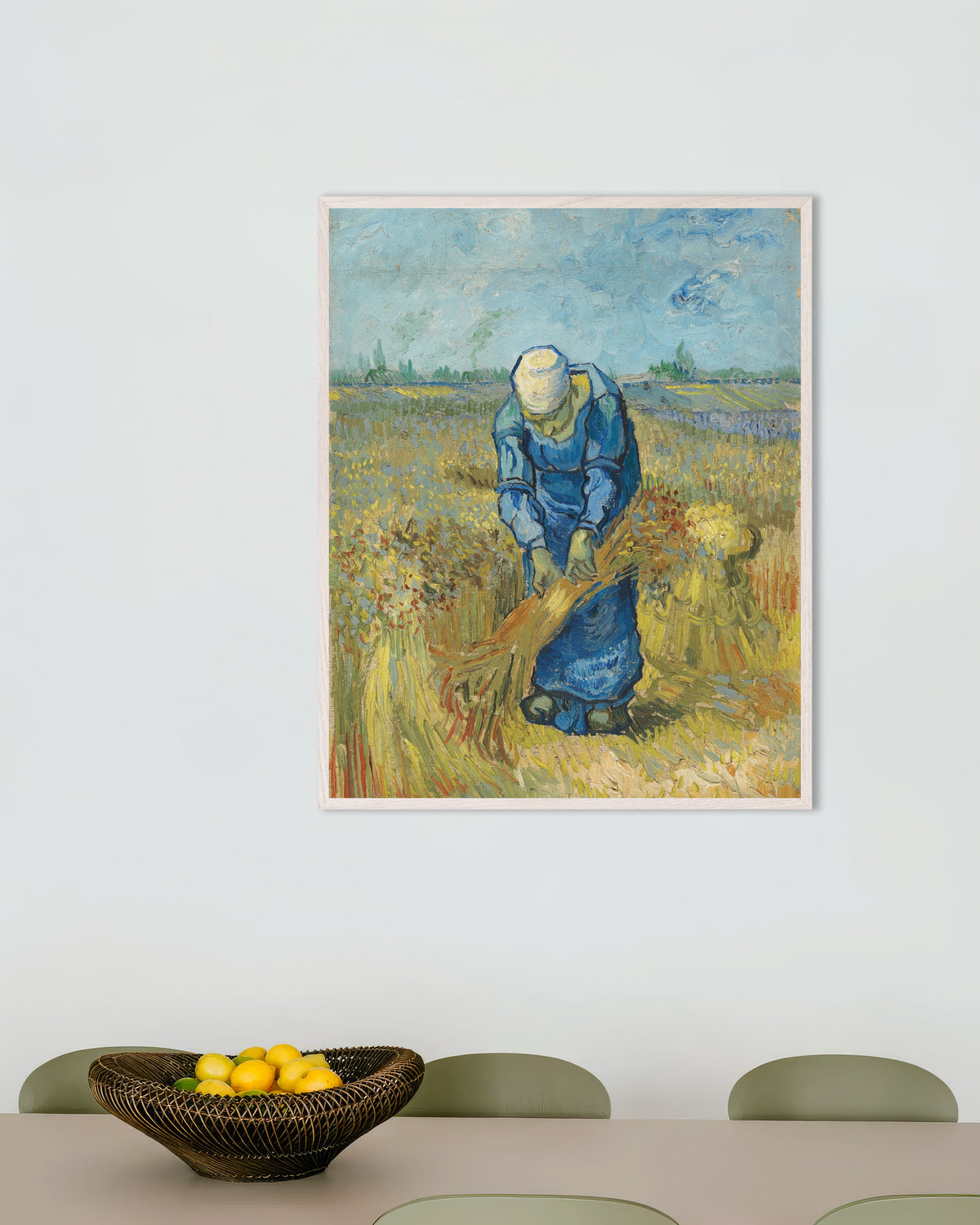 Poster of Peasant Woman Binding Sheaves, after Millet (1889) by Vincent van Gogh, with white wooden frame