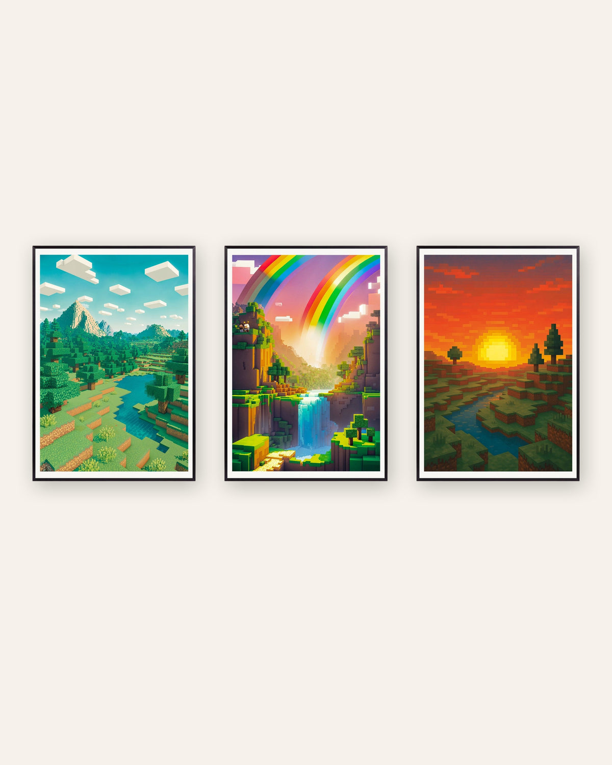 Pixel Art Landscape Posters Set of 3 – Mountain, Rainbow Valley & Sunset, prints in black metal frames