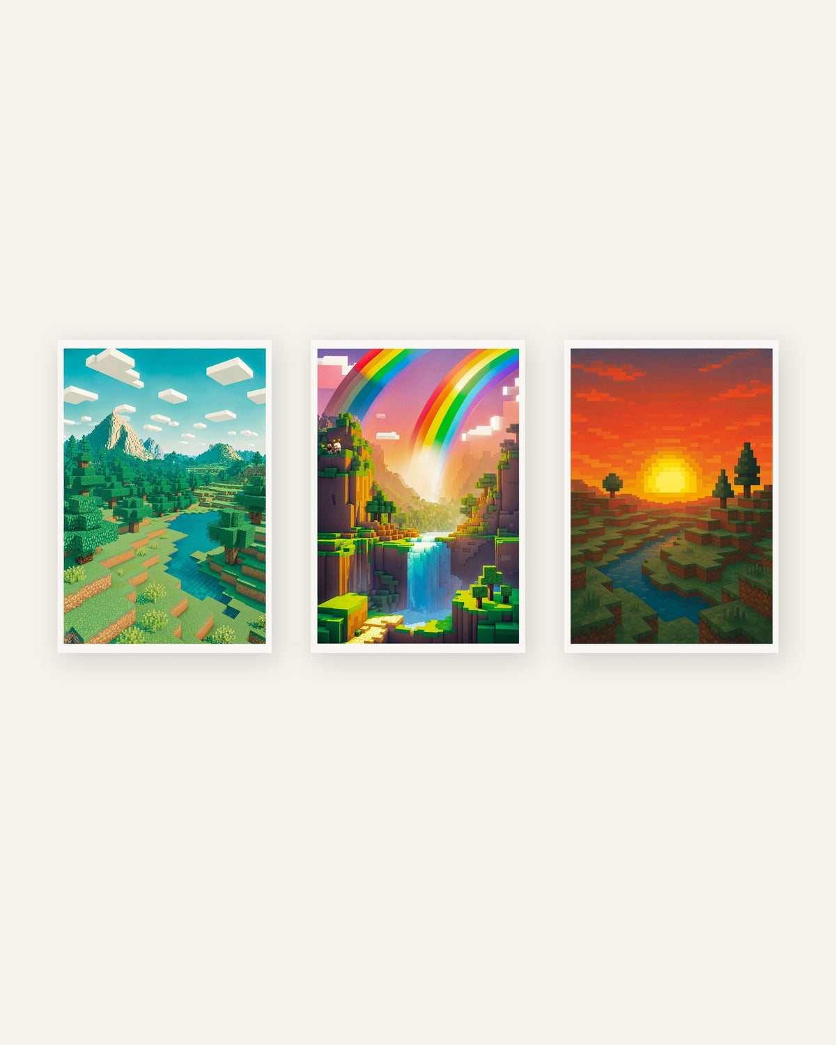 Pixel Art Landscape Posters Set of 3 – Mountain, Rainbow Valley & Sunset, prints without frame