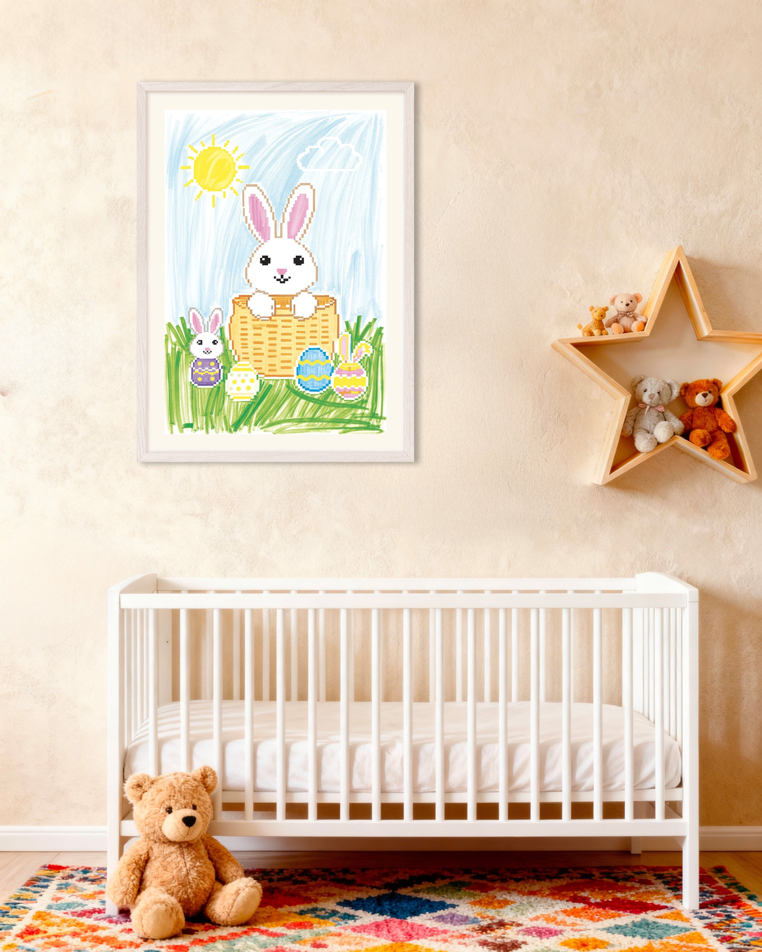 Poster of Pixel Bunny Basket – Easter Eggs & Sunshine, with white wooden frame
