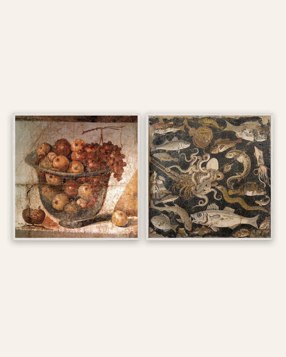 Pompeii Kitchen Prints Set of 2 – Fruit Bowl Fresco & Fish Mosaic, prints in white oak frames