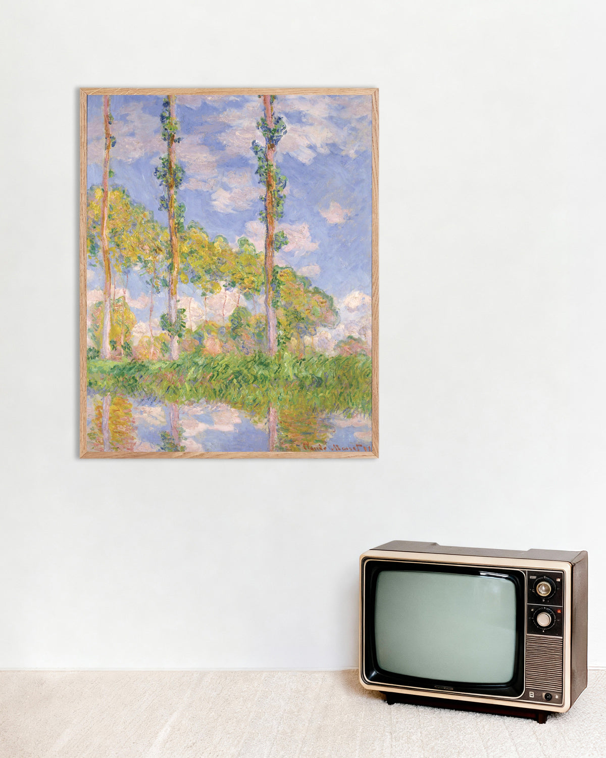 Poster of Poplars in the Sun (1891) by Claude Monet, with natural wooden frame