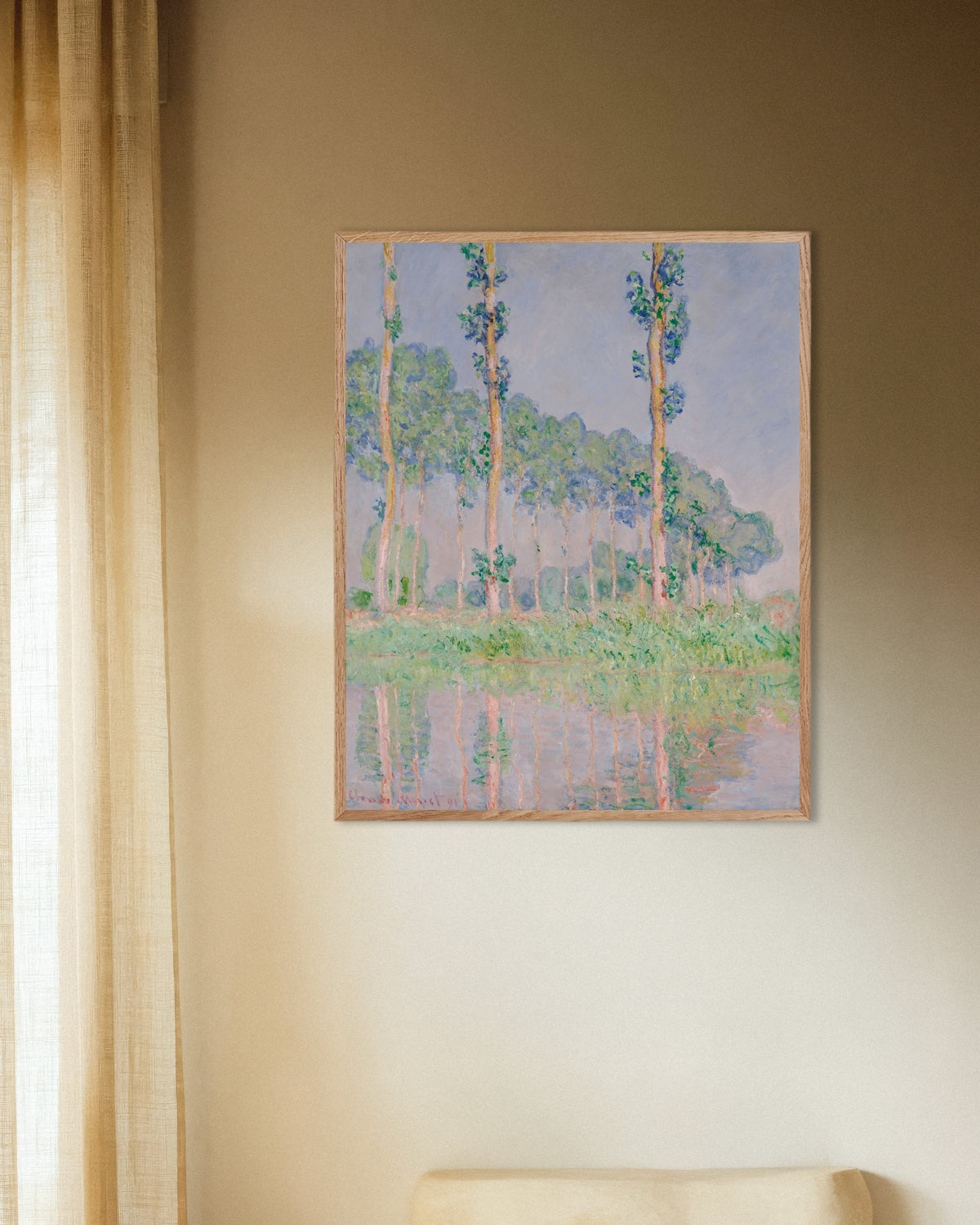 Poster of Poplars, Pink Effect (1891) by Claude Monet, with natural wooden frame