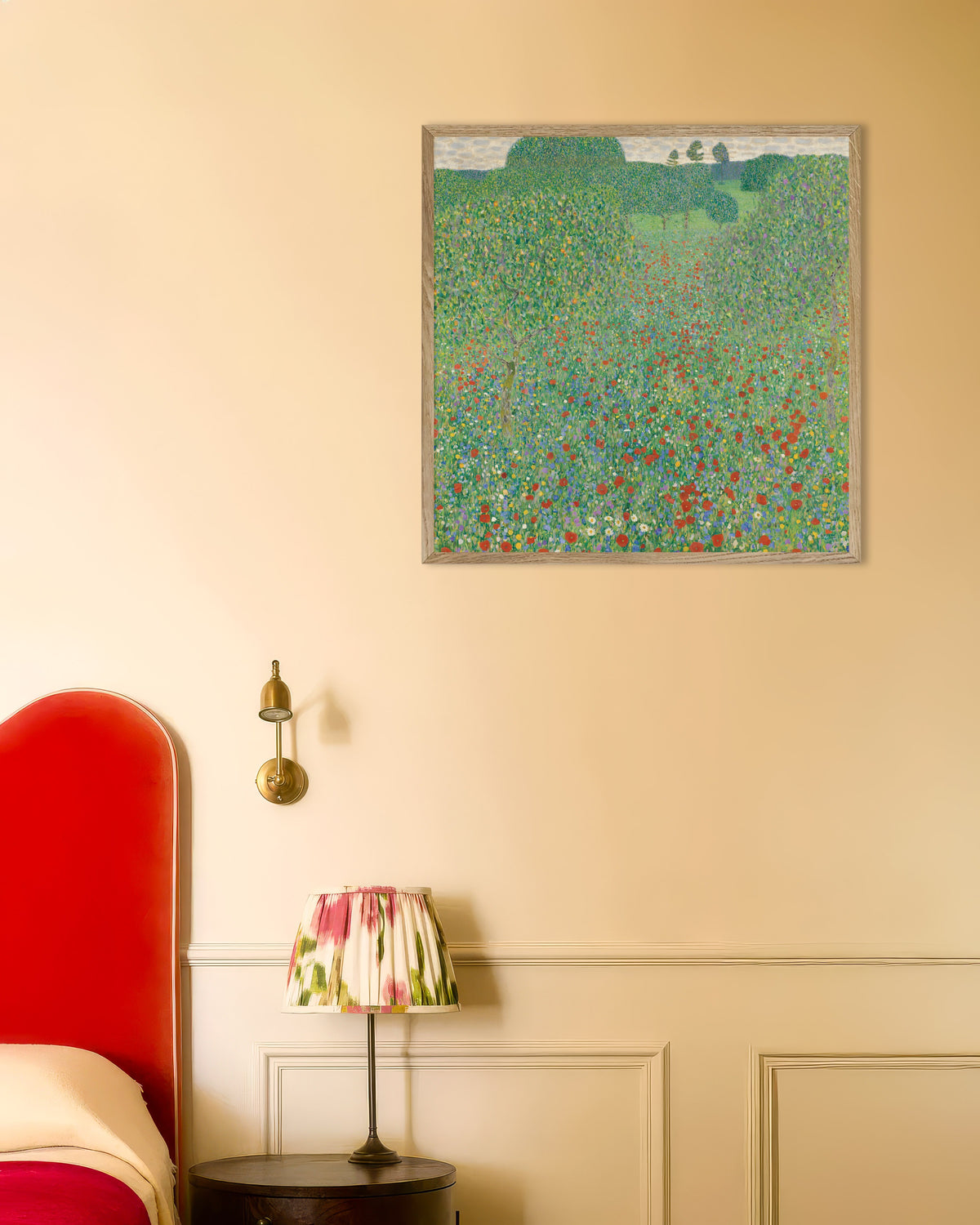 Poster of Poppy Field (1907) by Gustav Klimt, with natural wooden frame