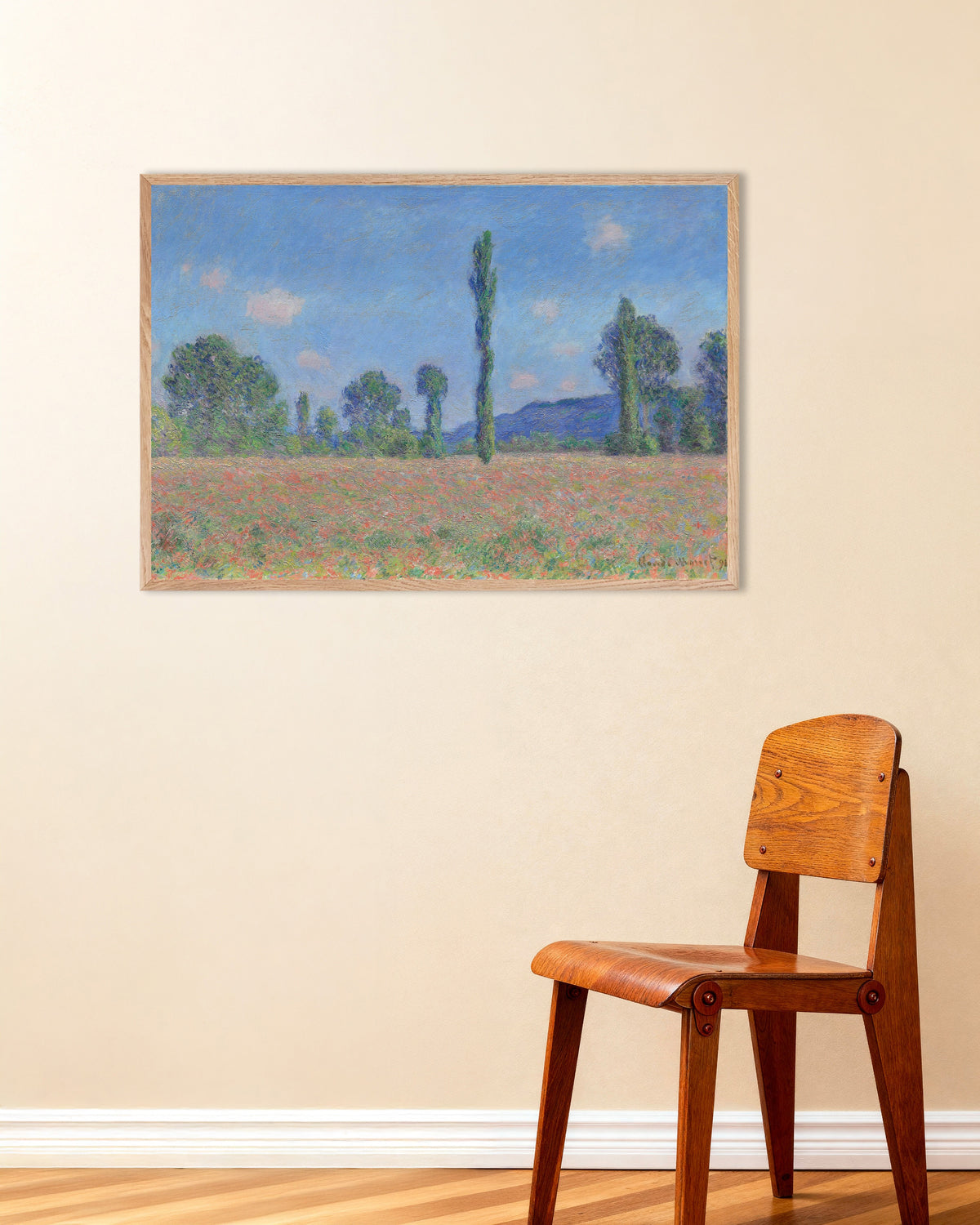 Poster of Poppy Field, Giverny (1890) by Claude Monet, with natural wooden frame