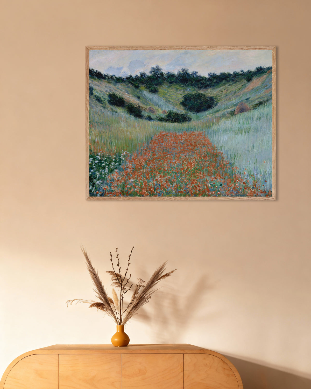 Poster of Poppy Field in a Hollow near Giverny (1885) by Claude Monet, with natural wooden frame