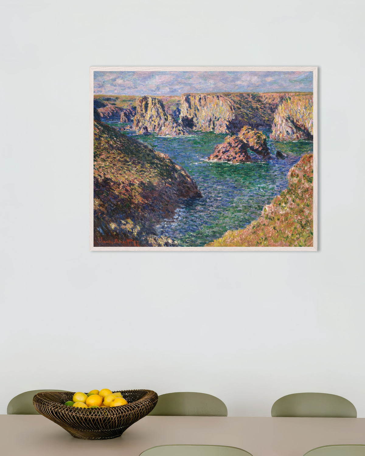Poster of Port-Domois, Belle-Île (1887) by Claude Monet, with white wooden frame