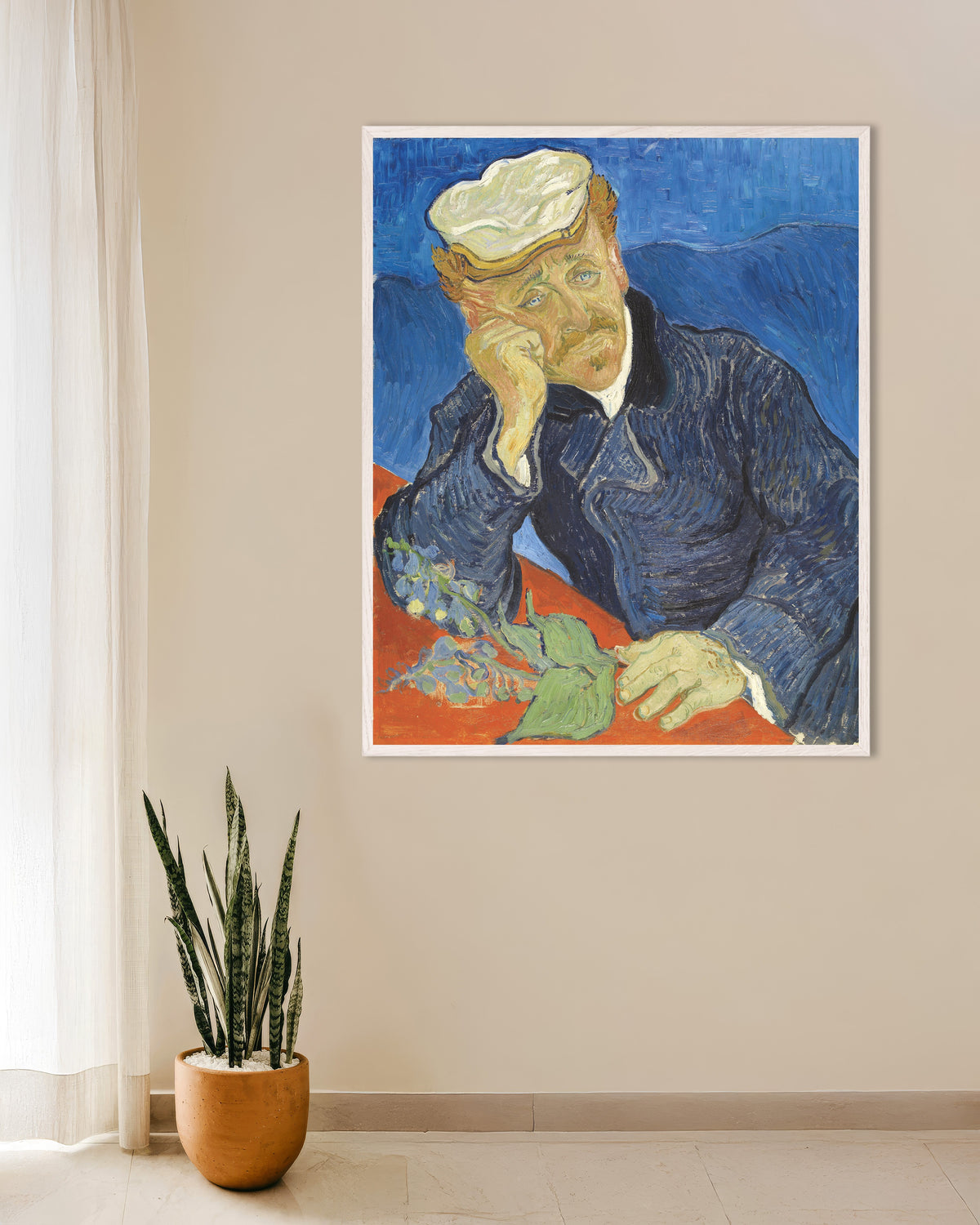 Poster of Portrait of Dr Paul Gachet (1890) by Vincent van Gogh, with white wooden frame