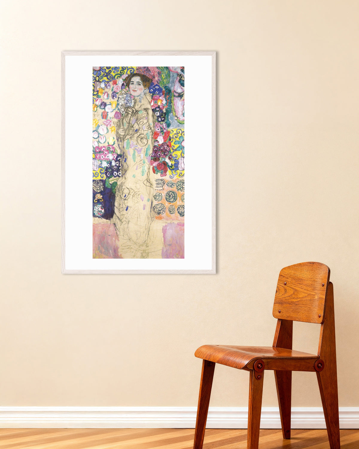 Poster of Portrait of Maria Munk (1917–1918) by Gustav Klimt, with white wooden frame
