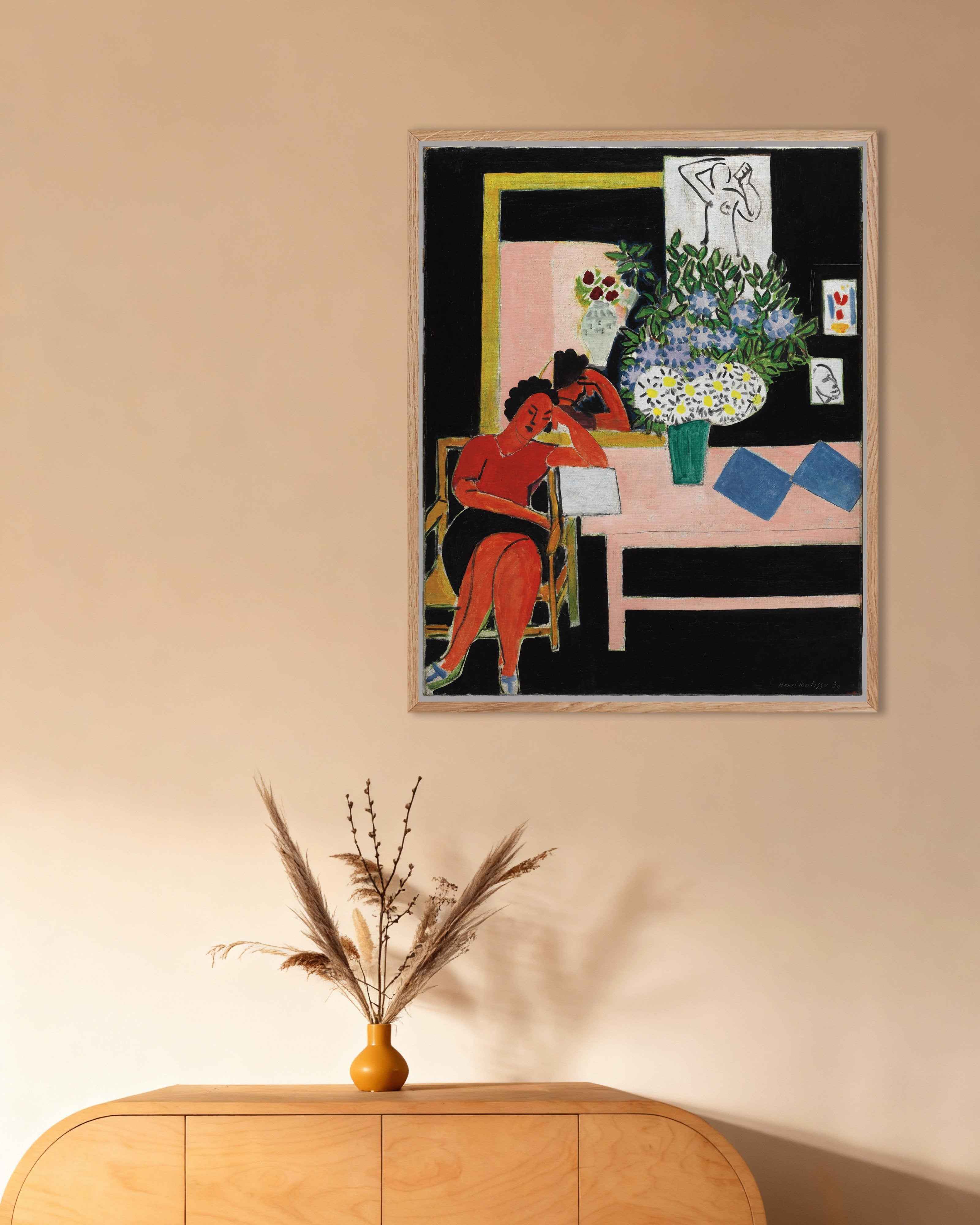 Poster of Reader on a Black Background (Liseuse sur fond noir) by Henri Matisse, with natural wooden frame
