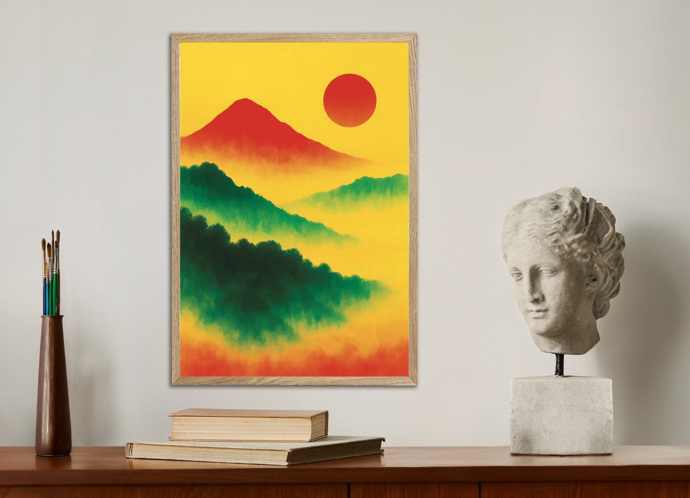 Poster of Red sun landscape art print, with natural wooden frame