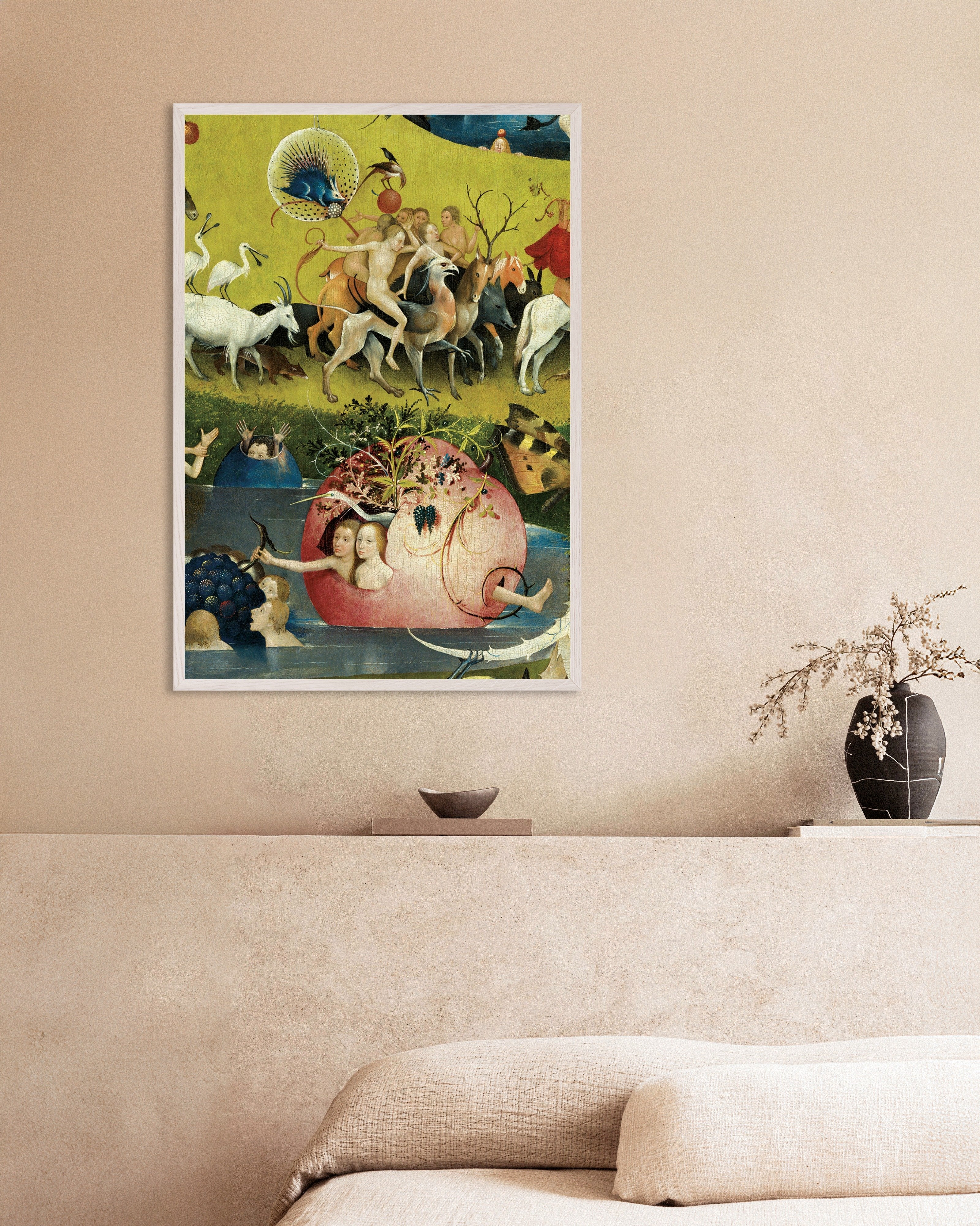 Poster of Riders and the hollow fruit - Detail from The Garden of Earthly Delights, with white wooden frame