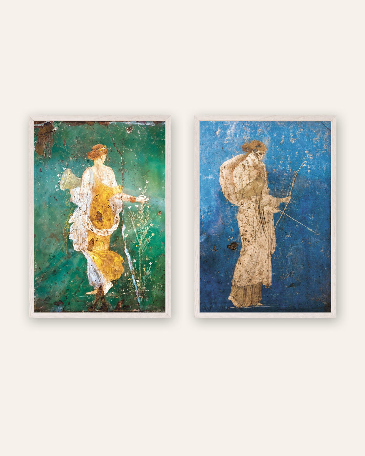 Set of 2 Roman fresco posters, Flora and Artemis, in white wooden frames