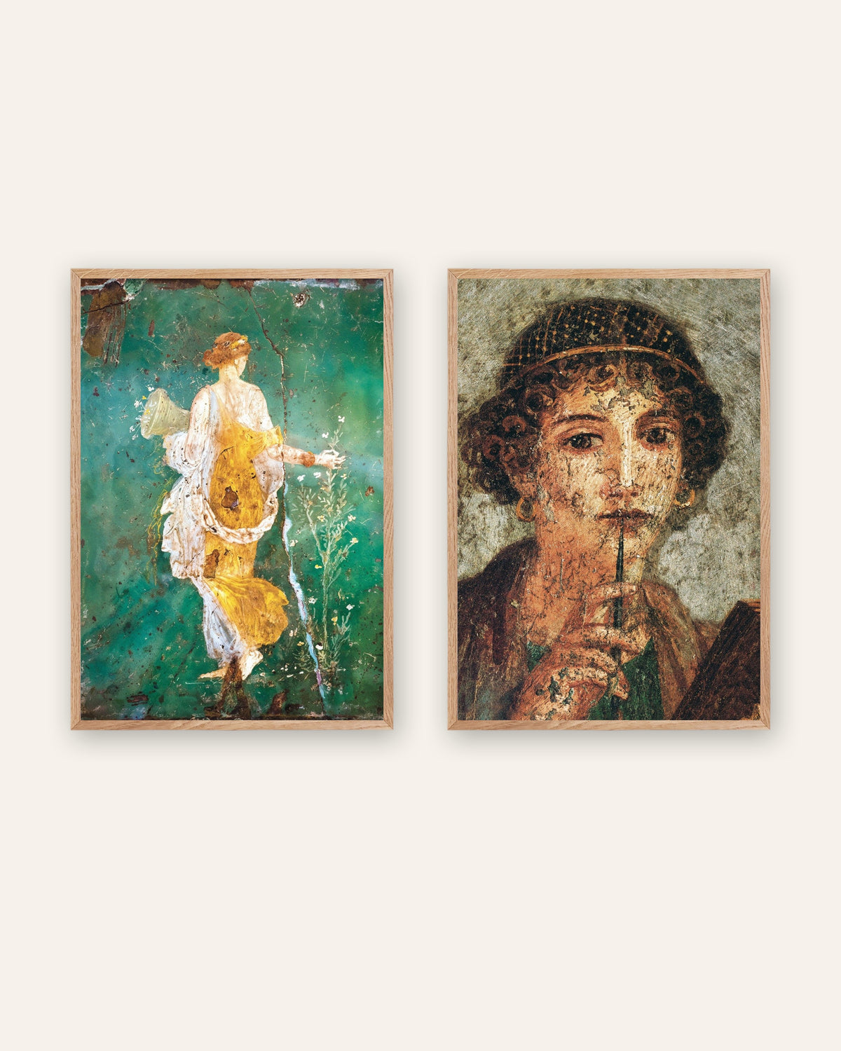 Set of 2 Roman fresco posters, Flora and Sappho, in natural wooden frames