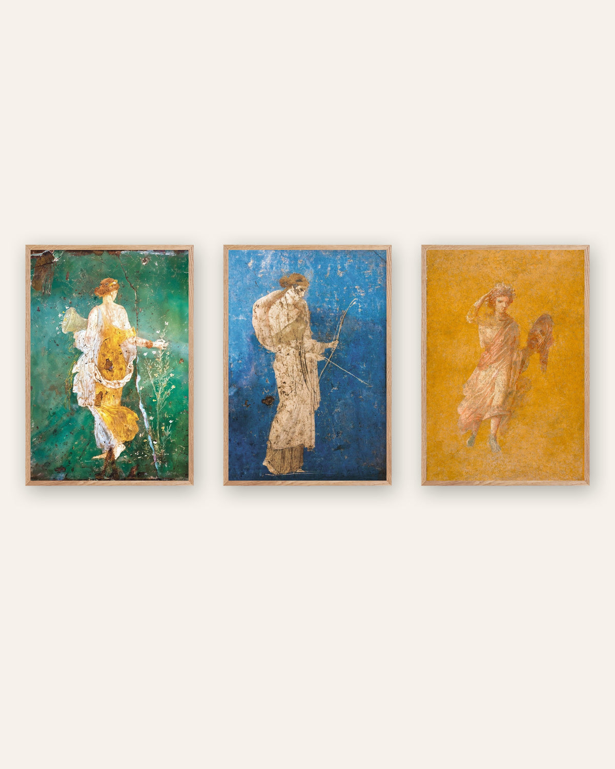 Set of 3 Roman fresco posters, Flora, Artemis and Melpomene, in natural wooden frames