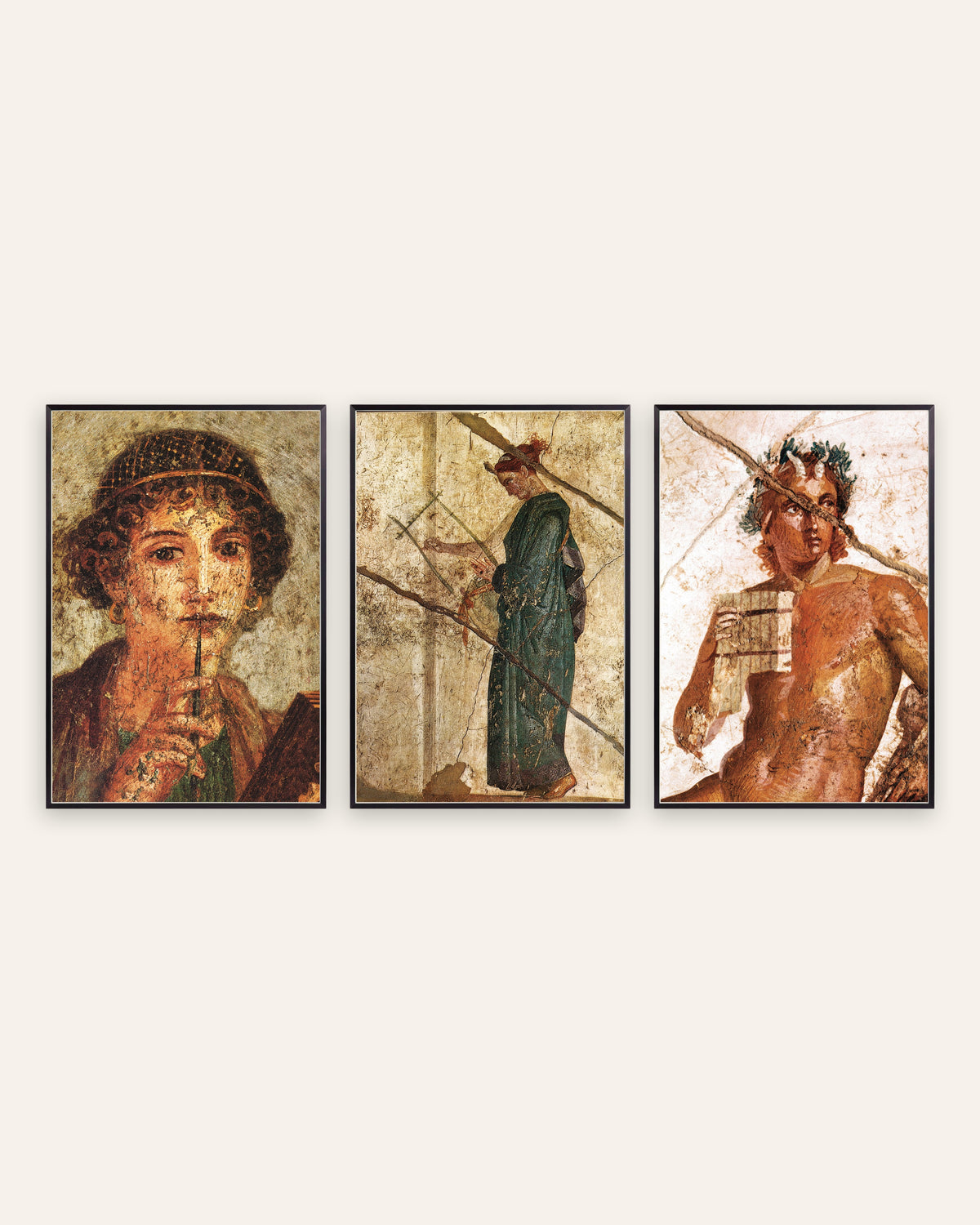 Roman Fresco Prints Set of 3 – Poetry & Music: Sappho, Lyre & Pan, prints in black metal frames