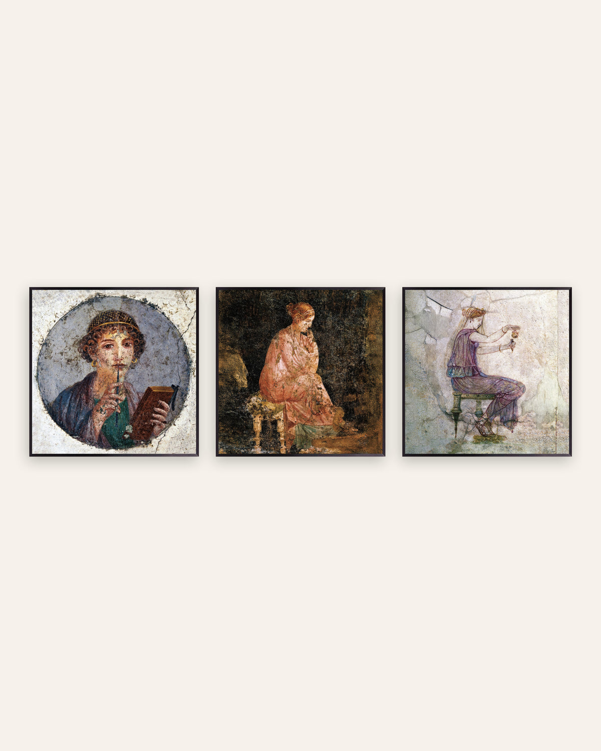 Roman Fresco Prints Set of 3 – Sappho, Seated Woman & Perfume, prints in black metal frames