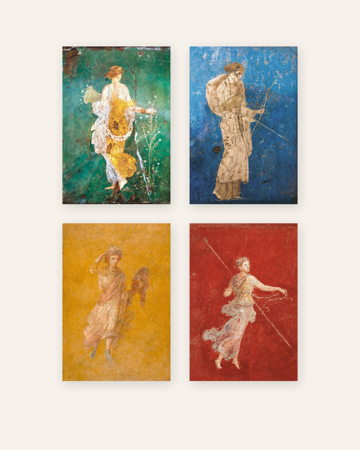 Set of 4 Roman fresco posters, Flora, Artemis, Melpomene and Maenad, unframed