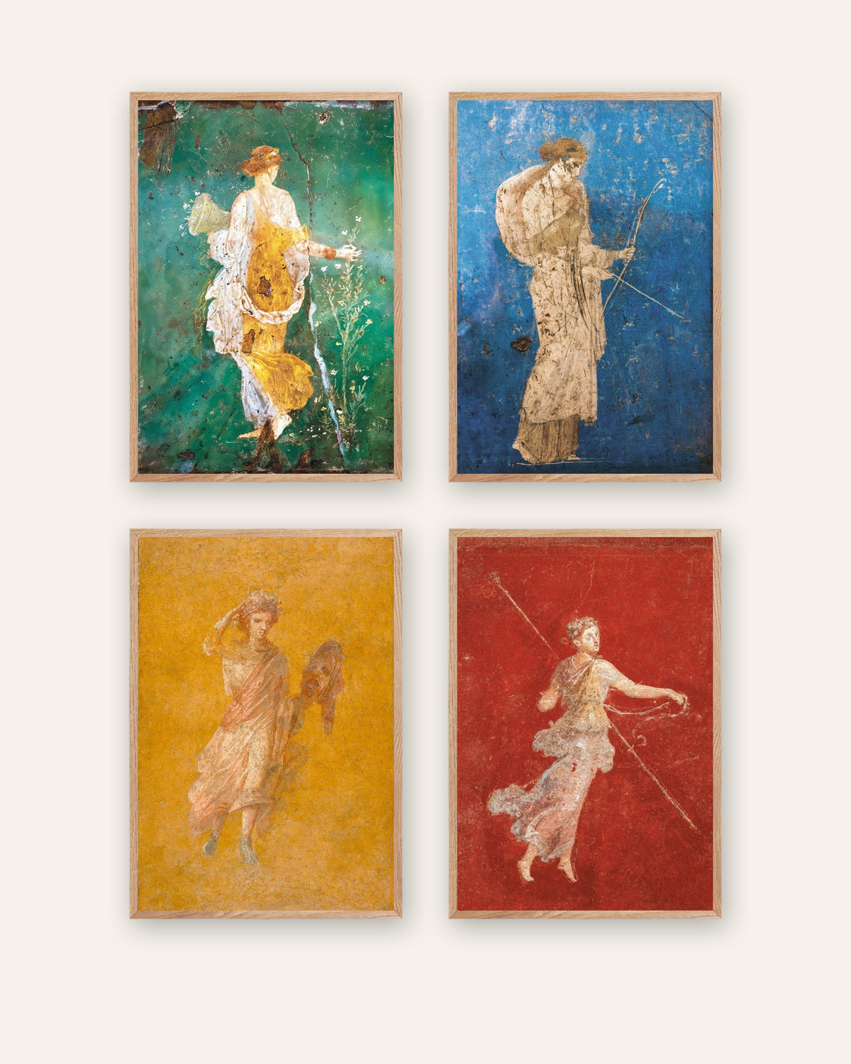 Set of 4 Roman fresco posters, Flora, Artemis, Melpomene and Maenad, in natural wooden frames