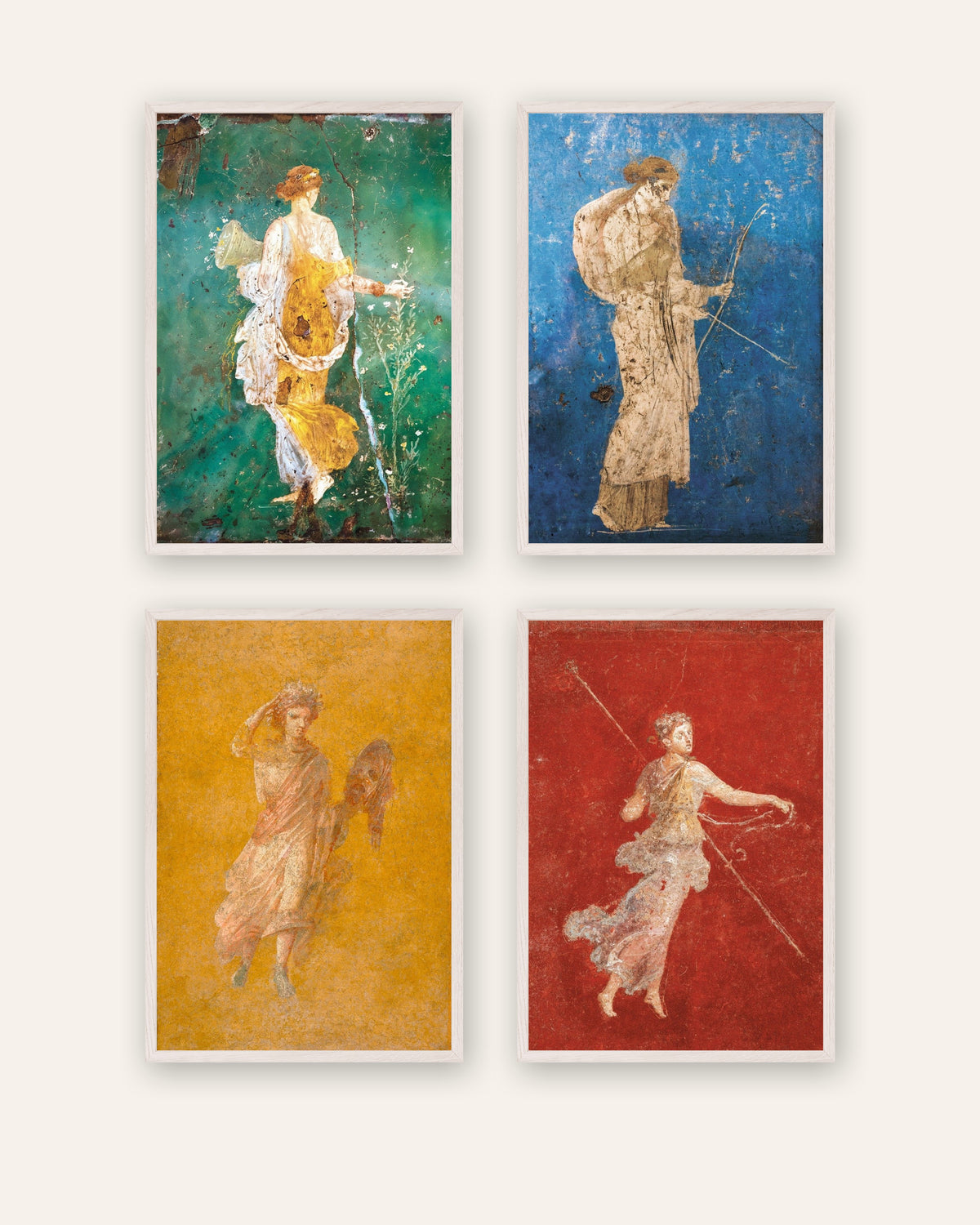Set of 4 Roman fresco posters, Flora, Artemis, Melpomene and Maenad, in white wooden frames