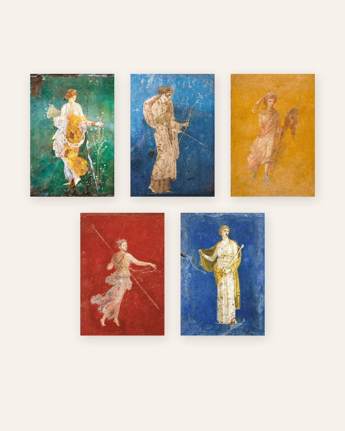 Set of 5 Roman fresco posters, Flora, Artemis, Melpomene, Maenad and Medea, unframed