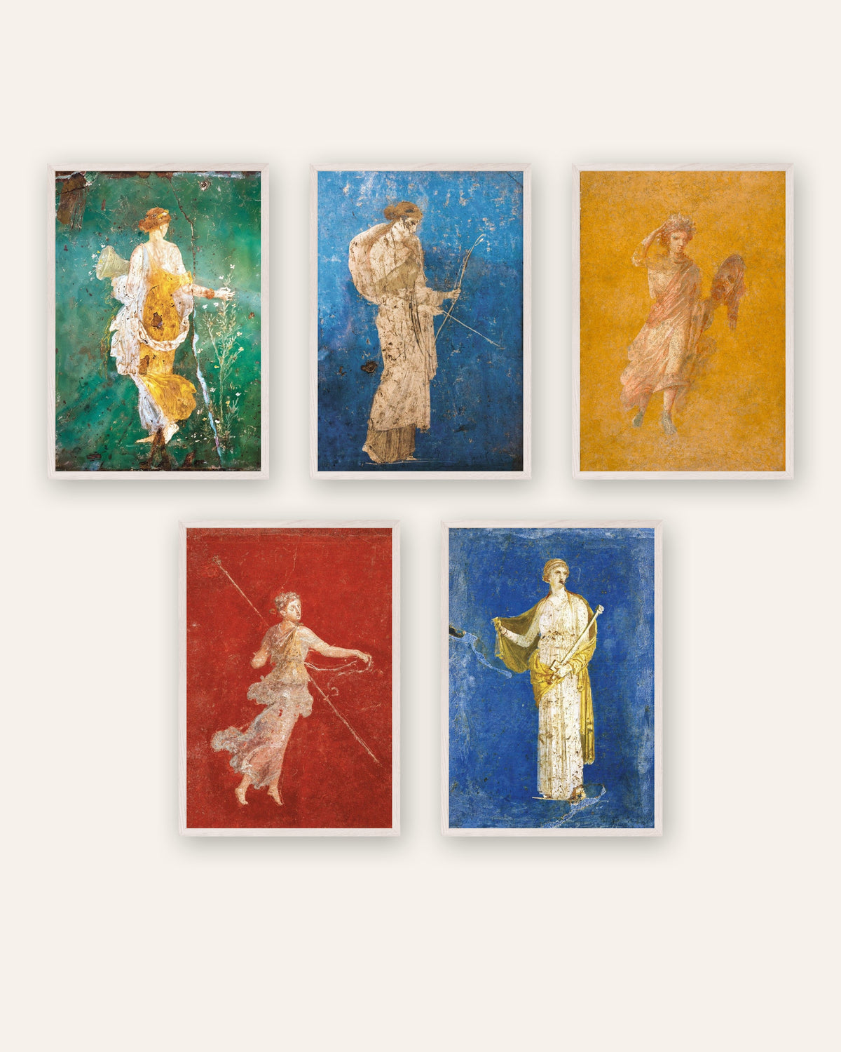 Set of 5 Roman fresco posters, Flora, Artemis, Melpomene, Maenad and Medea, in white wooden frames