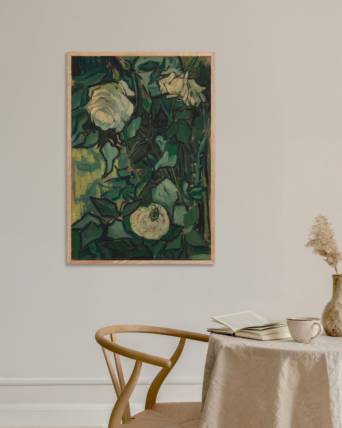 Poster of Rosebush with a Beetle (1889) by Vincent van Gogh, with natural wooden frame
