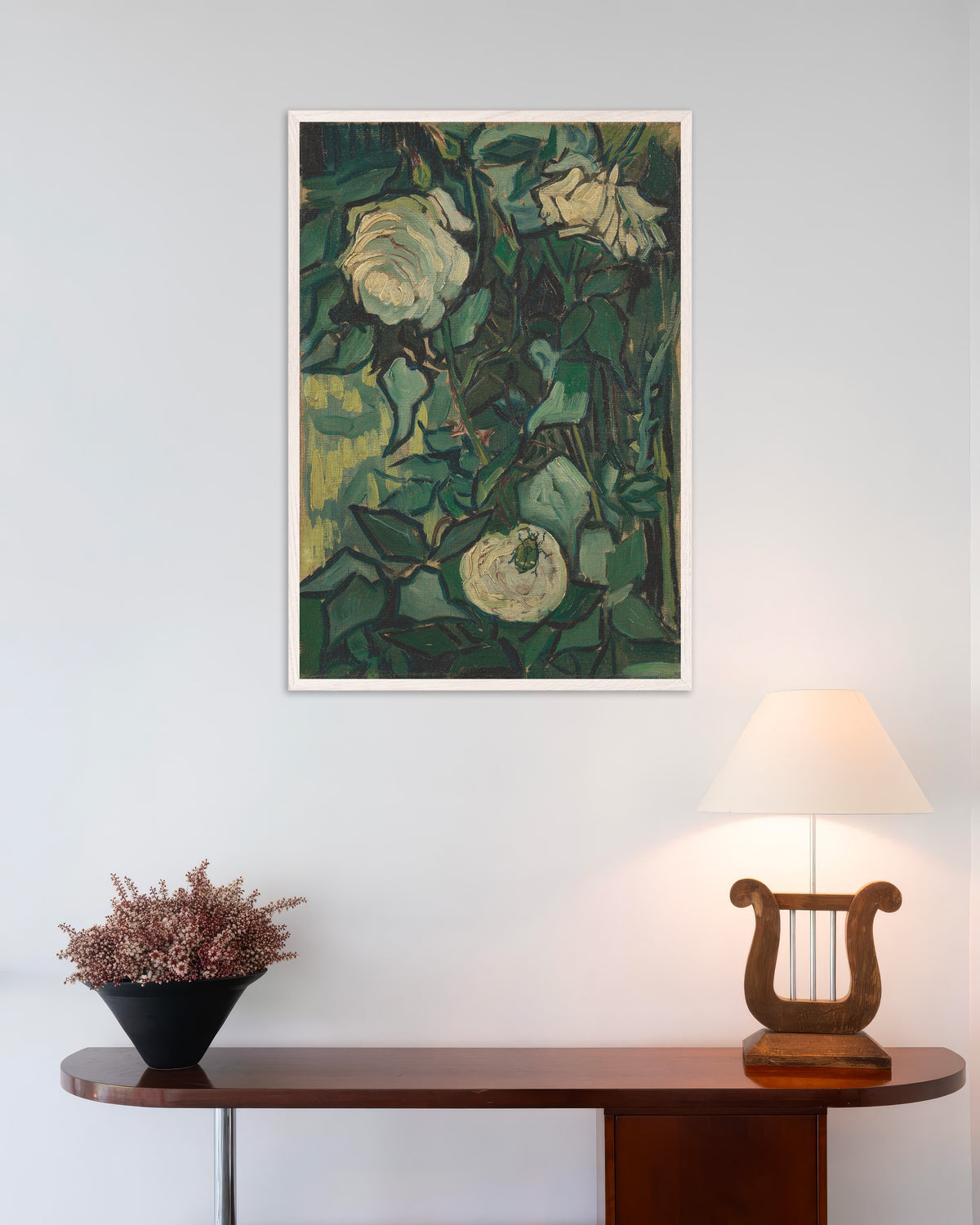 Poster of Rosebush with a Beetle (1889) by Vincent van Gogh, with white wooden frame