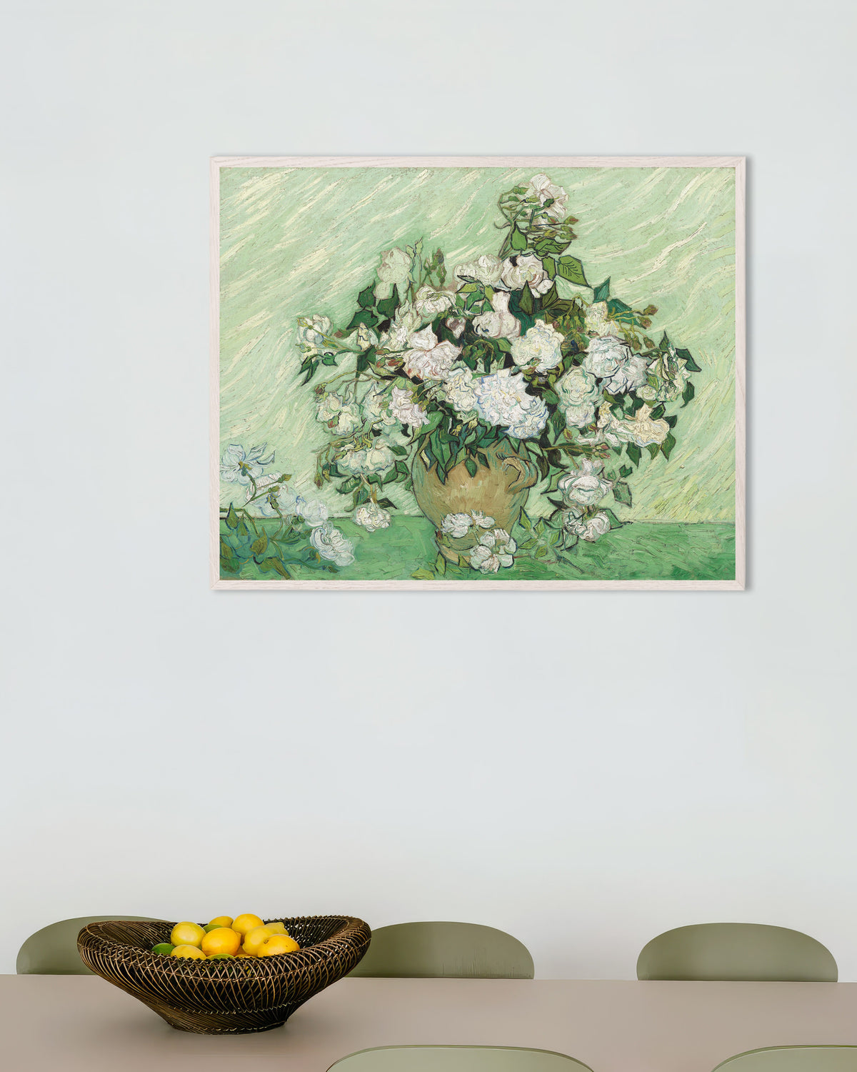 Poster of Roses (1890) by Vincent van Gogh, with white wooden frame