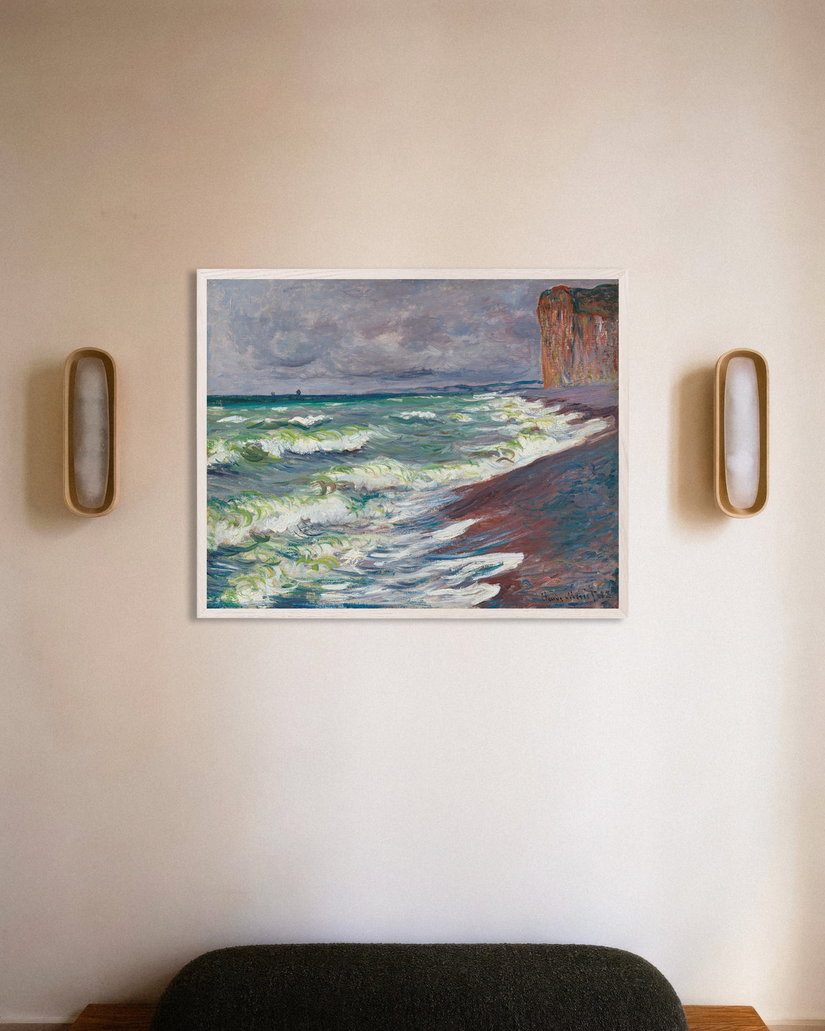 Poster of Rough Sea at Pourville (1882) by Claude Monet, with white wooden frame