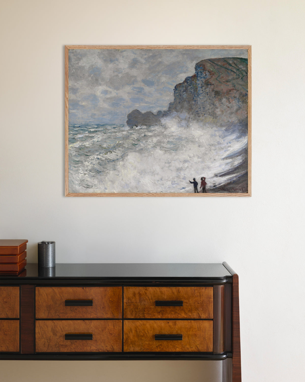 Poster of Rough Weather at Étretat (1883) by Claude Monet, with natural wooden frame