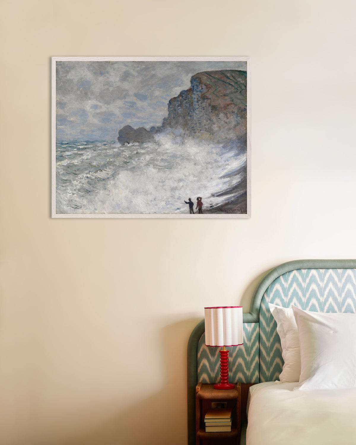 Poster of Rough Weather at Étretat (1883) by Claude Monet, with white wooden frame
