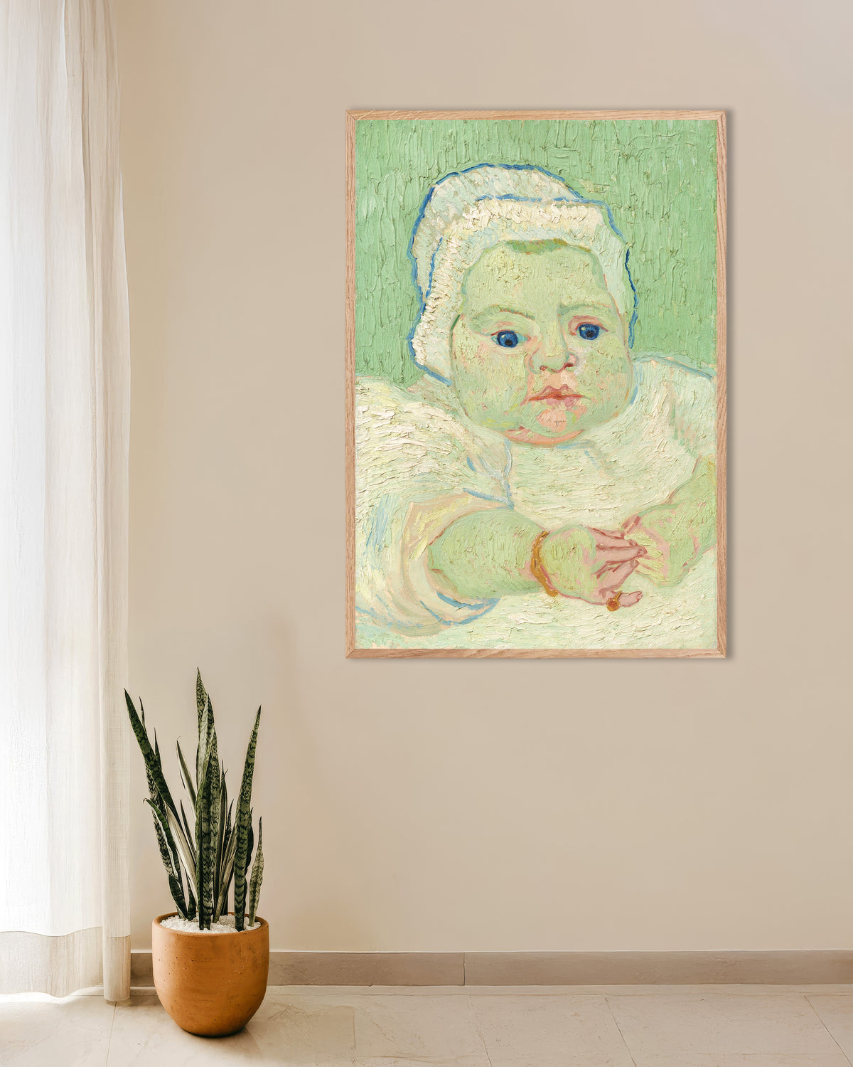 Poster of Roulin's Baby (1888) by Vincent van Gogh, with natural wooden frame