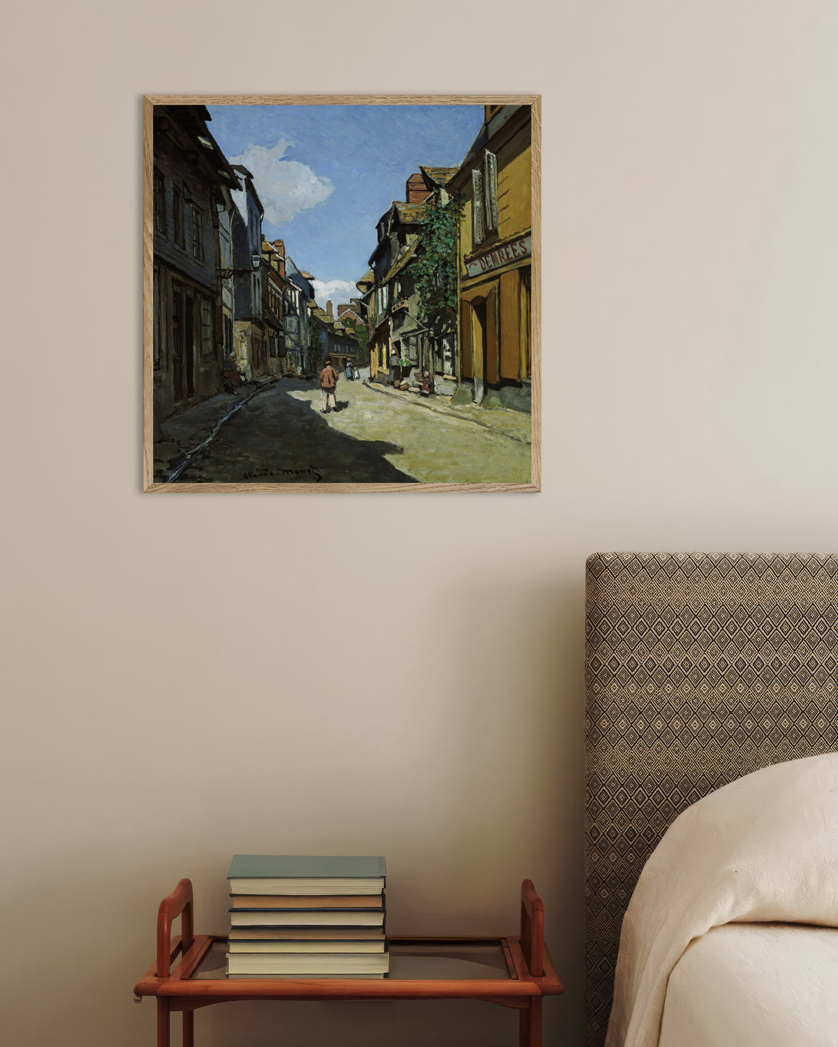 Poster of Rue de la Bavole, Honfleur (1864) by Claude Monet, with natural wooden frame