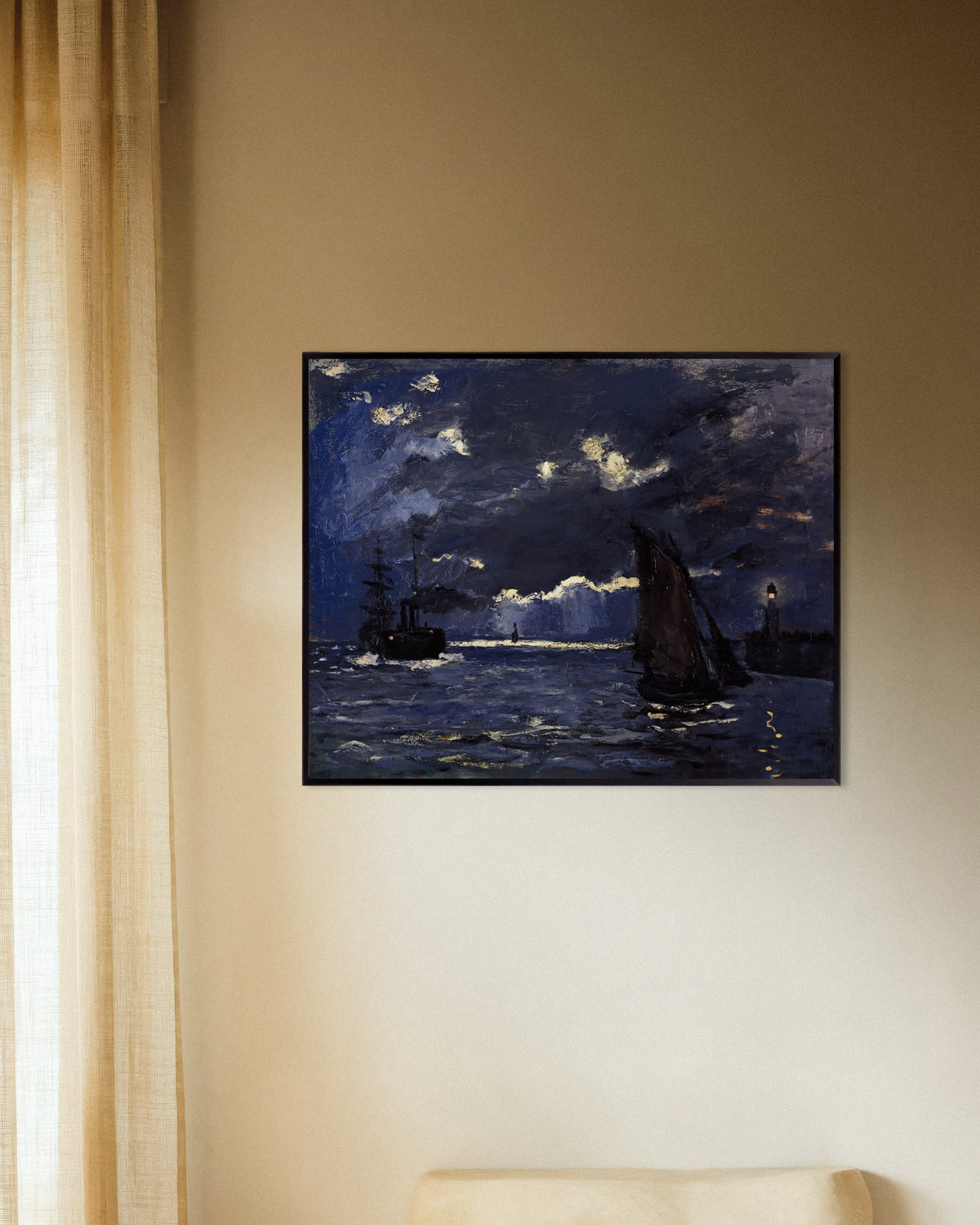 Poster of Seascape, Shipping by Moonlight (1864) by Claude Monet, with metal frame